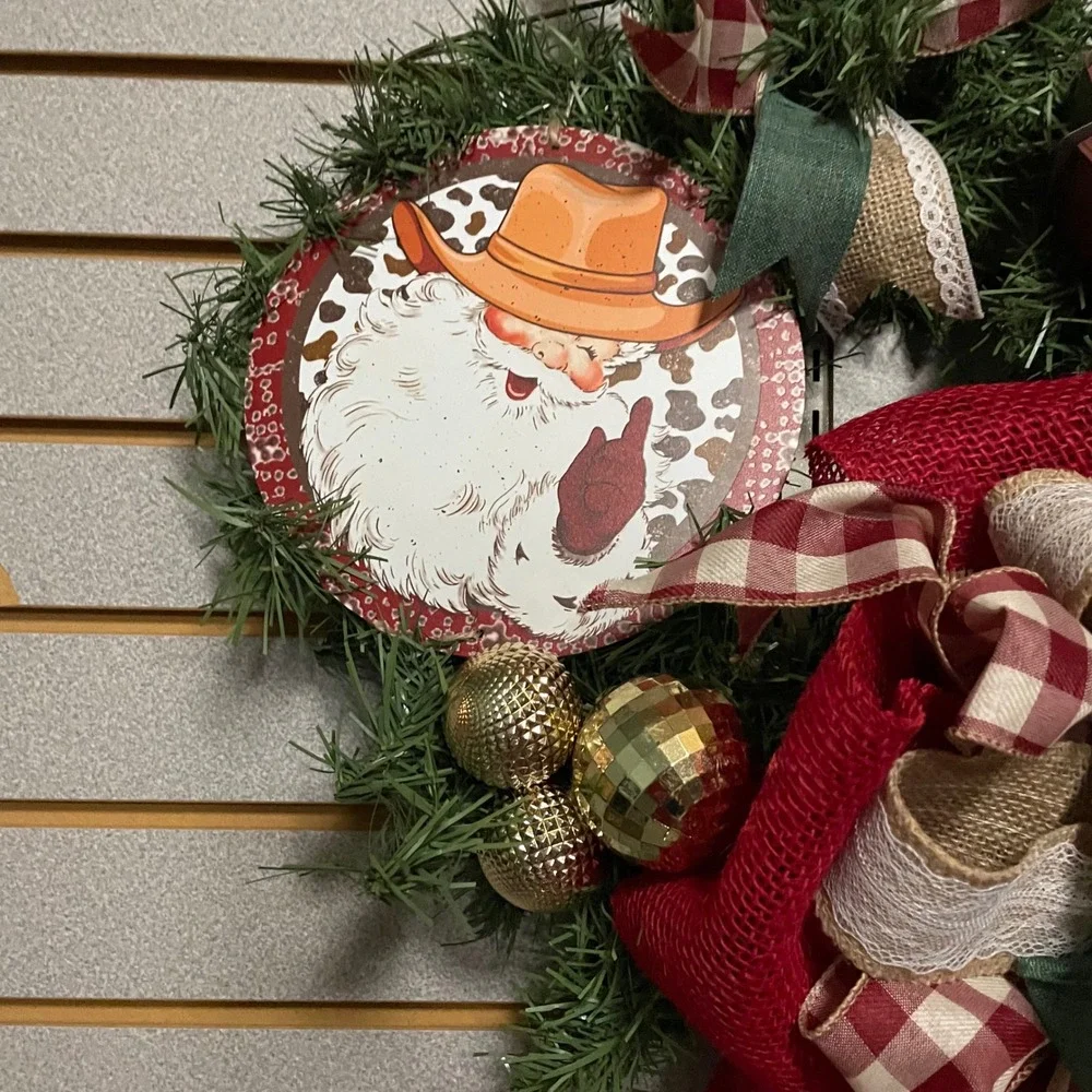 Cowboy Santa Christmas Wreath, Farmhouse Rustic Holiday Pine Wreath, Decor‎ 14
